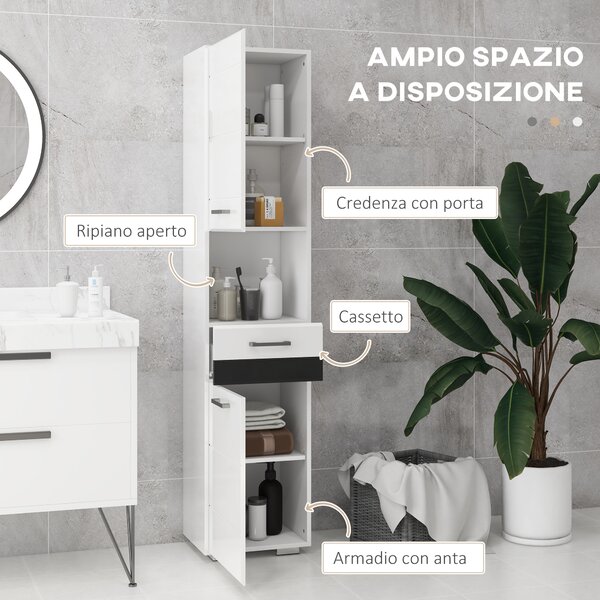 Kleankin Colonna Bagno in MDF con Ripiano Aperto, Cassetto e Armadietto Chiuso, 37x32.5x170 cm, Bianco|Aosom