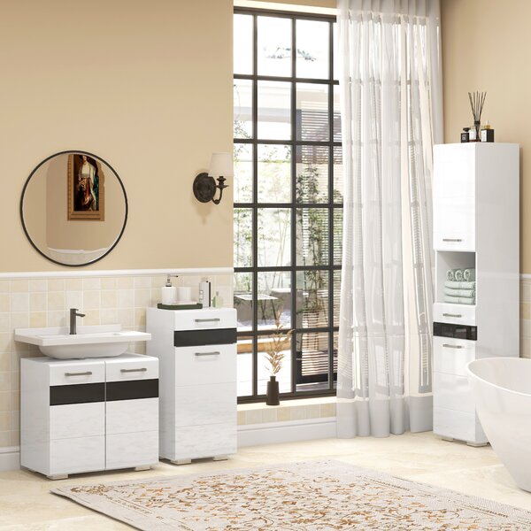 Kleankin Colonna Bagno in MDF con Ripiano Aperto, Cassetto e Armadietto Chiuso, 37x32.5x170 cm, Bianco|Aosom