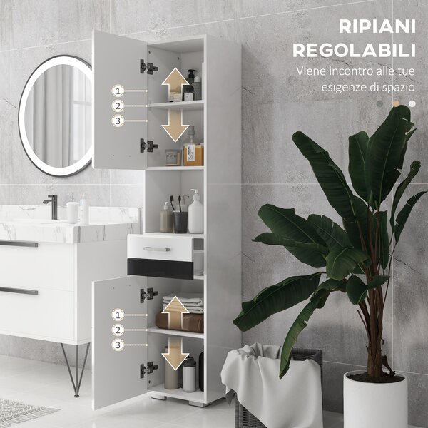 Kleankin Colonna Bagno in MDF con Ripiano Aperto, Cassetto e Armadietto Chiuso, 37x32.5x170 cm, Bianco|Aosom