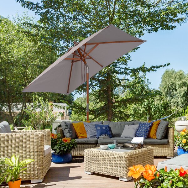 Outsunny Ombrellone da Giardino Inclinabile 2x1.5m, 6 Stecche, Palo in Legno e Apertura a Corda, Grigio|Aosom
