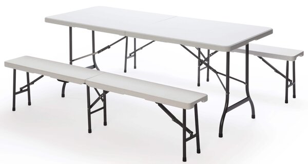 Set Birreria da Giardino Pieghevole in Ferro Tavolo 182x75 cm e 2 Panche Taddei Plastik Bianco
