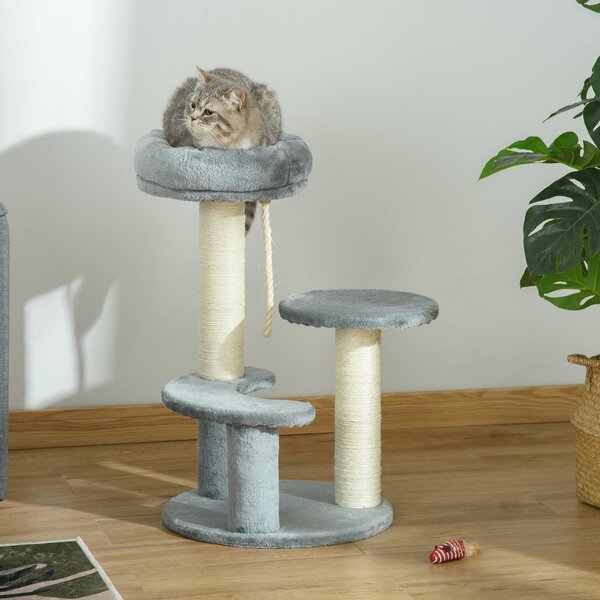 PawHut Albero Tiragraffi per Gatto a 3 Livelli in Peluche Sisal Naturale Grigio Diametro 40x65cm|Aosom