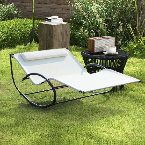 Outsunny Lettino Prendisole 2 Posti, Sdraio da Giardino a Dondolo in Metallo e Textilene, 140x200x36-88cm, Bianco Crema|Aosom