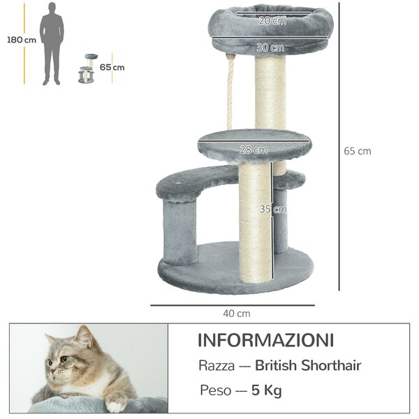 PawHut Albero Tiragraffi per Gatto a 3 Livelli in Peluche Sisal Naturale Grigio Diametro 40x65cm|Aosom