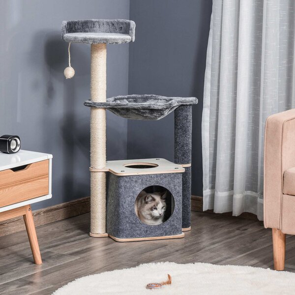 PawHut Tiragraffi per gatto Albero Multilivello Palestra per Gatti con Casetta, Amaca, Cuccia e Corde in Sisal, 48x34x95cm, Grigio|Aosom
