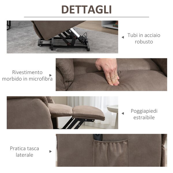 HOMCOM Poltrona Alzapersona Reclinabile 150° con Telecomando e Tasca, Poltrona Anziani Elettrica con Poggiapiedi in Microfibra, Marrone | Aosom Italy