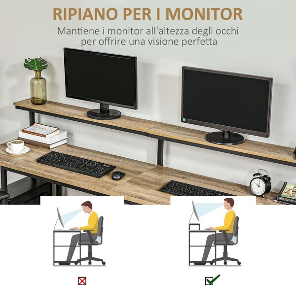 HOMCOM Scrivania Doppia con Scaffali e Mensola per Monitor, Stile Industriale in Metallo e MDF, 200x53x100cm, Nero Marrone|Aosom