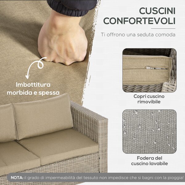 Outsunny Set Mobili da Giardino 4 Pezzi in Rattan PE, Salotto da Esterno 1 Divano, 2 Poltrone, 1 Tavolino e Cuscini Lavabili, Kaki e Beige|Aosom