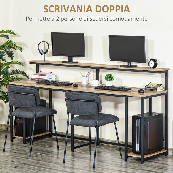 HOMCOM Scrivania Doppia con Scaffali e Mensola per Monitor, Stile Industriale in Metallo e MDF, 200x53x100cm, Nero Marrone|Aosom