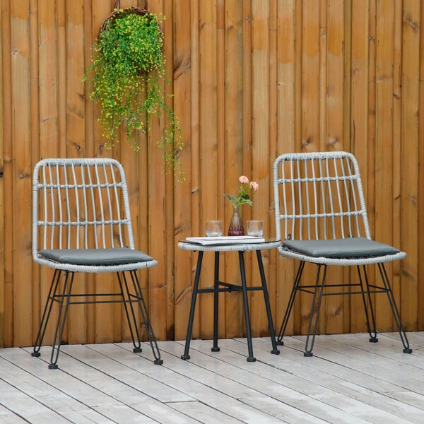 Outsunny Set Tavolino e Sedie da Giardino 3 Pezzi in Rattan PE e Acciaio, Design Moderno per Esterni e Bistrò - Grigio|Aosom