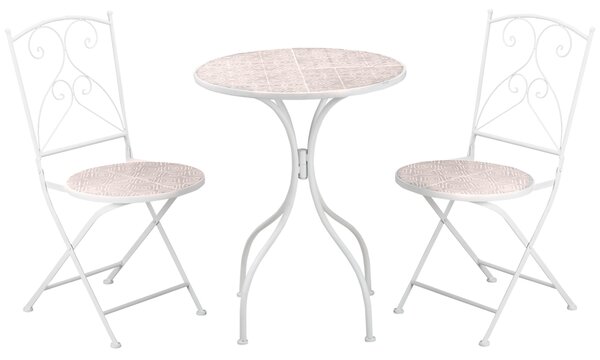 Outsunny Set da Giardino 3 Pezzi con 2 Sedie Pieghevoli e 1 Tavolino Rotondo con Design a Mosaico, in Metallo e Ceramica, Bianco