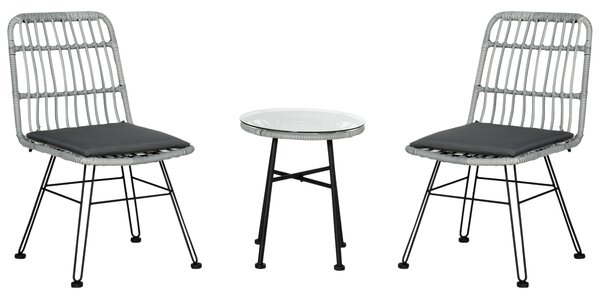 Outsunny Set Tavolino e Sedie da Giardino 3 Pezzi in Rattan PE e Acciaio, Design Moderno per Esterni e Bistrò - Grigio