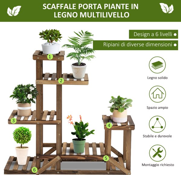Outsunny Scaffale Porta Piante e Fiori a 6 Livelli Asimmetrico, Fioriera Verticale in Legno per Giardino e Casa, Colore Naturale|Aosom