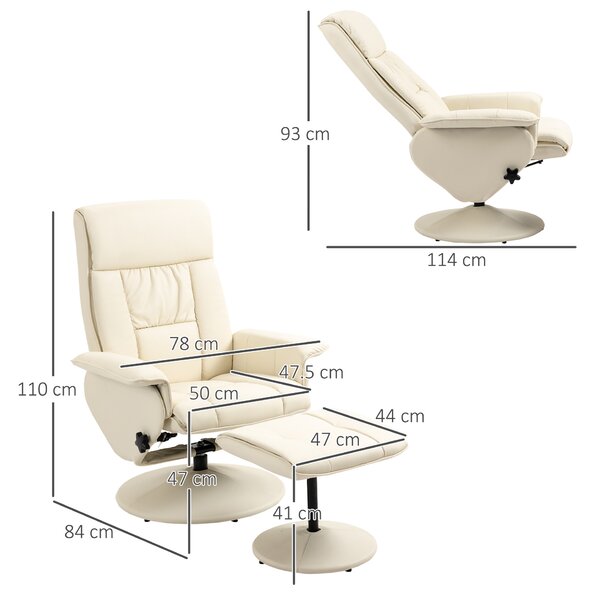 HOMCOM Poltrona Relax Reclinabile fino 135° con Seduta Girevole e Pouf, Poltrona con Poggiapiedi, 80x69x110cm, Crema|Aosom