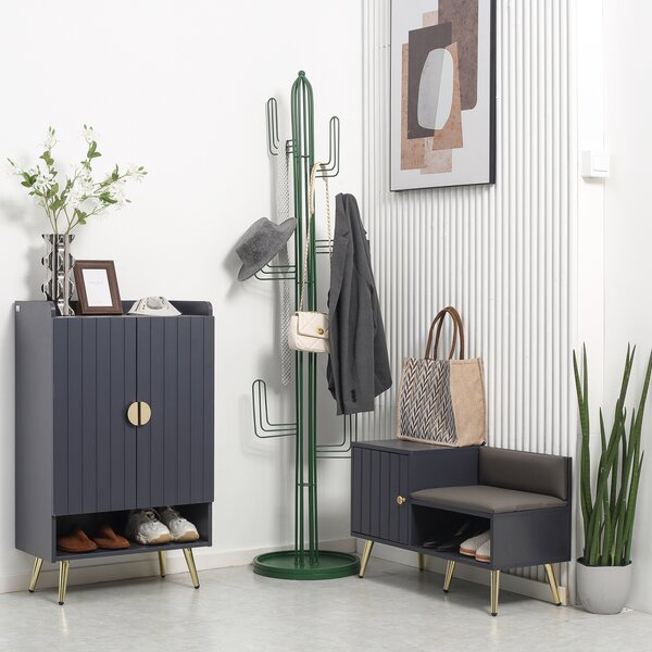 HOMCOM Mobile Panca Scarpiera con Seduta Imbottita e Armadietto a righe per 4 Paia di Scarpe, per Ingresso, 80x33x49cm, Grigio|Aosom Italy