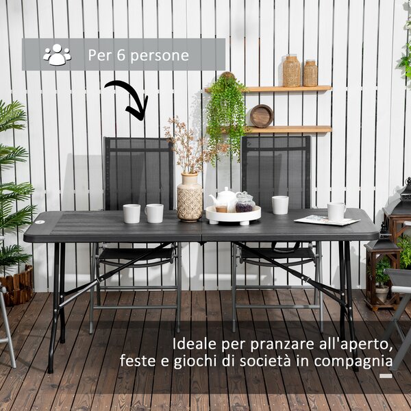 Outsunny Tavolo da Giardino Pieghevole per 6 Persone in Acciaio e HDPE, 180x75.5x73cm, Grigio Scuro|Aosom
