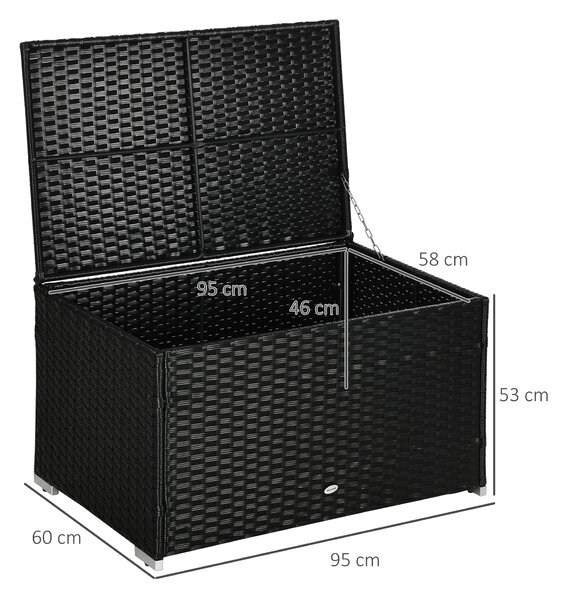Outsunny Baule da Giardino in Rattan e Acciaio Cassapanca da Esterno con Coperchio, 95x60x58cm, Nero|Aosom