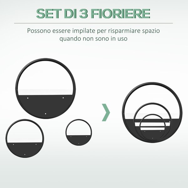 Outsunny Set 3 Fioriere Balcone, Montaggio Parete, Versatili per Interni/Esterni, Ф30.5x5/Ф20.5x5/Ф15.5x5 cm|Aosom