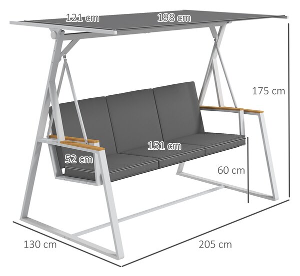 Outsunny Panchina da Giardino 3 Posti con Tettuccio Inclinabile, in Acciaio, 205x130x175 cm, Grigio Scuro