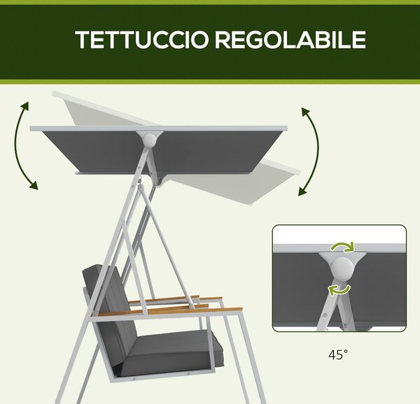 Outsunny Panchina da Giardino 3 Posti con Tettuccio Inclinabile, in Acciaio, 205x130x175 cm, Grigio Scuro
