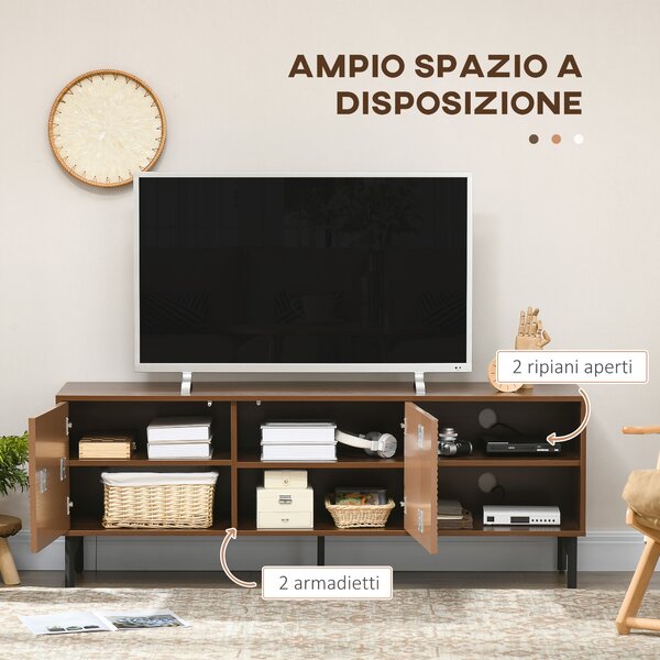 HOMCOM Mobile Porta TV fino 65" con 2 Armadietti e 2 Vani Aperti in Legno, 150x40x56cm, Marrone|Aosom