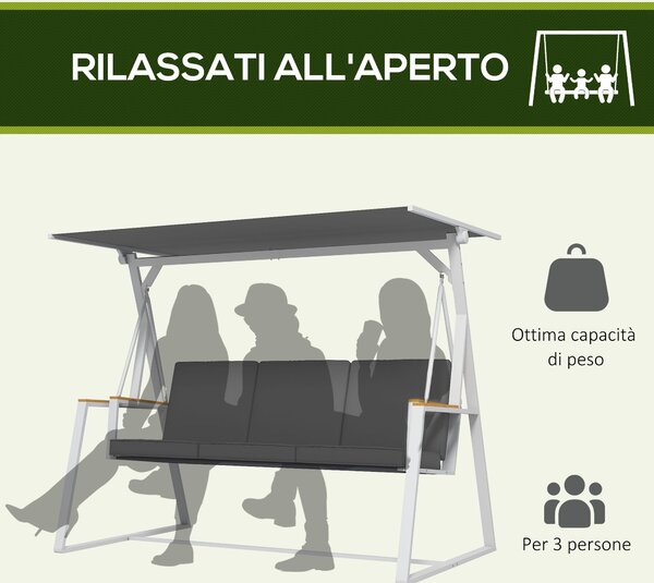 Outsunny Panchina da Giardino 3 Posti con Tettuccio Inclinabile, in Acciaio, 205x130x175 cm, Grigio Scuro