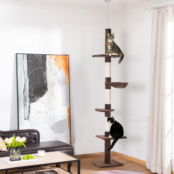 PawHut Albero Tiragraffi Multilivello a Soffitto con Amaca e Altezza Regolabile, 40x34x230-260cm, Marrone|Aosom
