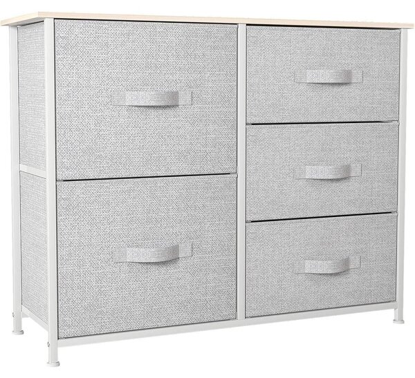 Comodino con 5 cassetti rivestiti in tessuto, colore grigio chiaro, dimensioni 85 x 30 x 70 cm