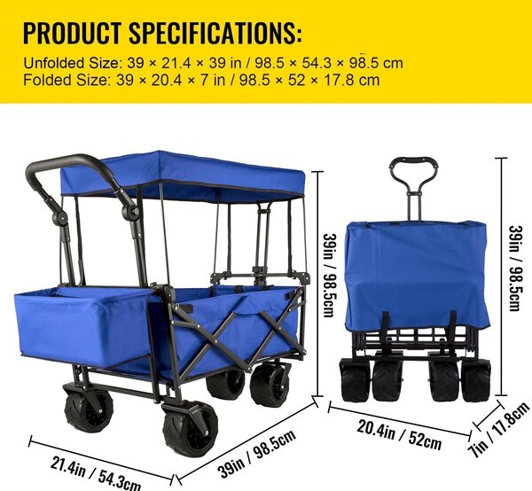 Carrello pieghevole per giardinaggio, con tettoia, ideale per trasportare la spesa, per la spiaggia, per il trasporto di oggetti pesanti e adatto a qualsiasi terreno grazie alle sue ruote all-terrain