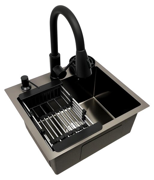 Lavello da cucina, rubinetto estraibile, design multifunzionale, nero