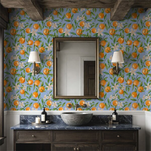 Carta da parati Arance, foglie verdi e fiori bianchi su sfondo blu, Parati classici Cibo e bevande, a01262v2 : Uwalls.it