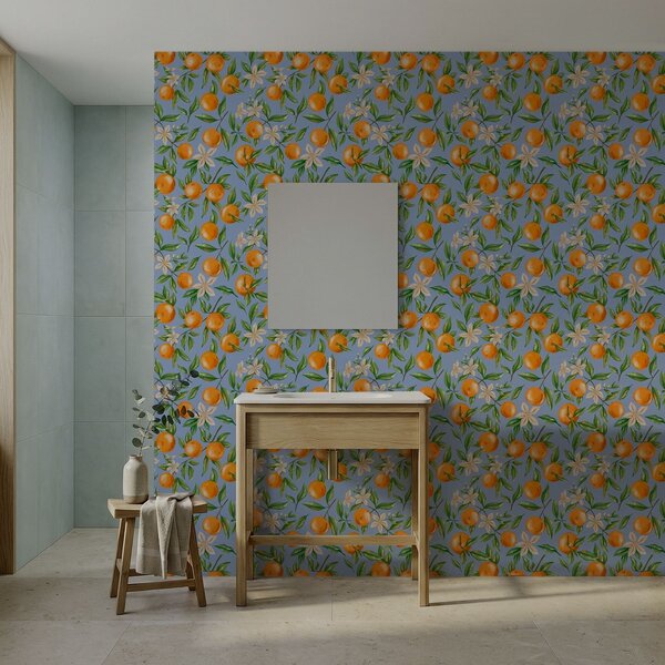 Carta da parati Arance, foglie verdi e fiori bianchi su sfondo blu, Parati classici Cibo e bevande, a01262v2 : Uwalls.it