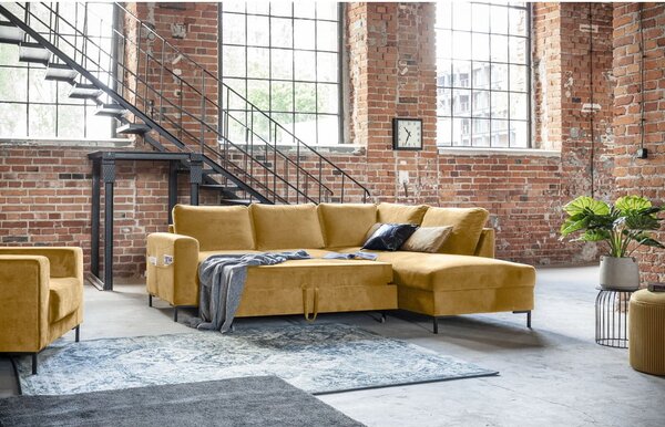 Divano letto angolare in velluto giallo (angolo destro) Lofty Lilly - Miuform