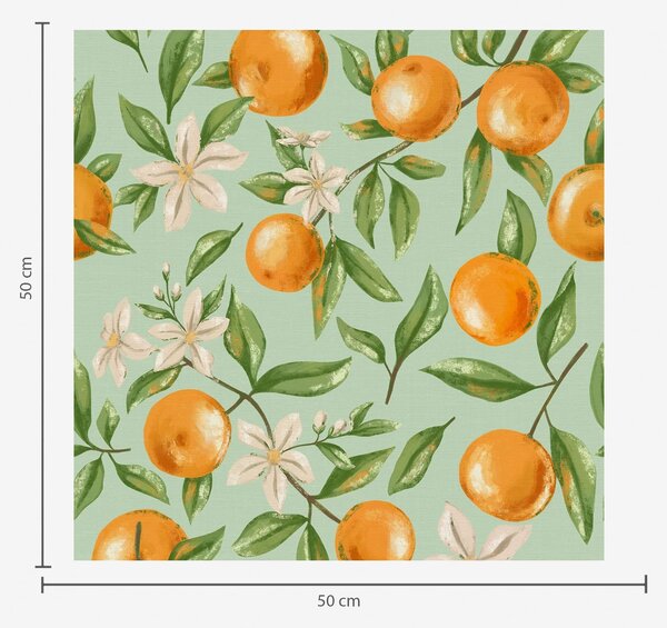 Carta da parati Arance, foglie verdi e fiori bianchi su sfondo color menta, Parati classici Cibo e bevande, a01262 : Uwalls.it