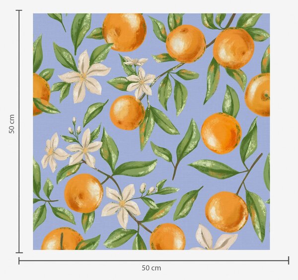 Carta da parati Arance, foglie verdi e fiori bianchi su sfondo blu, Parati classici Cibo e bevande, a01262v2 : Uwalls.it