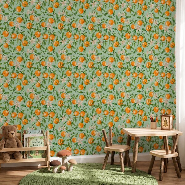 Carta da parati Arance, foglie verdi e fiori bianchi su sfondo color menta, Parati classici Cibo e bevande, a01262 : Uwalls.it