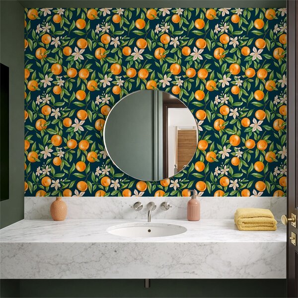 Carta da parati Arance, foglie verdi e fiori bianchi su sfondo scuro, Parati classici Cibo e bevande, a01262v3 : Uwalls.it