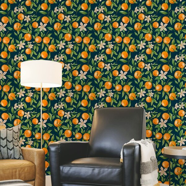 Carta da parati Arance, foglie verdi e fiori bianchi su sfondo scuro, Parati classici Cibo e bevande, a01262v3 : Uwalls.it