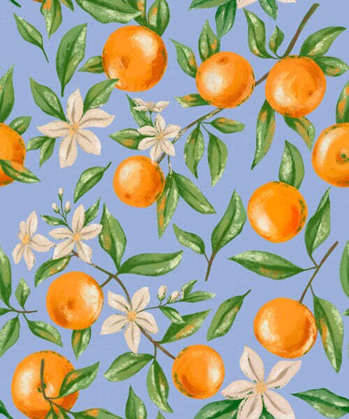 Carta da parati Arance, foglie verdi e fiori bianchi su sfondo blu, Parati classici Cibo e bevande, a01262v2 : Uwalls.it