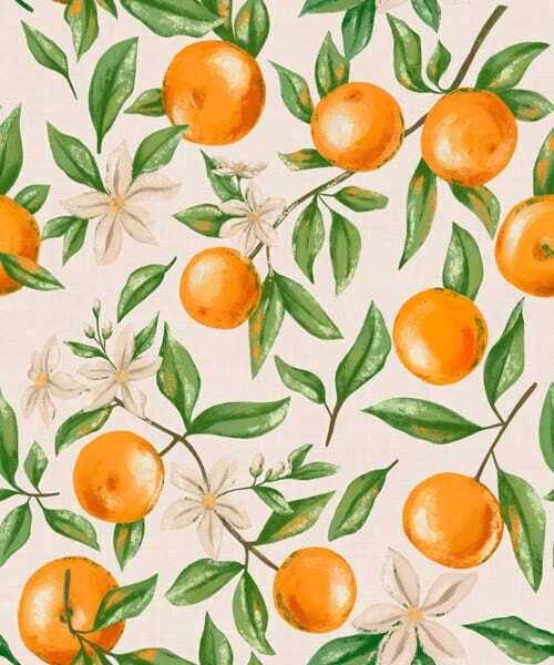Carta da parati Arance, foglie verdi e fiori bianchi su uno sfondo chiaro, Parati classici Cibo e bevande, a01262v1 : Uwalls.it