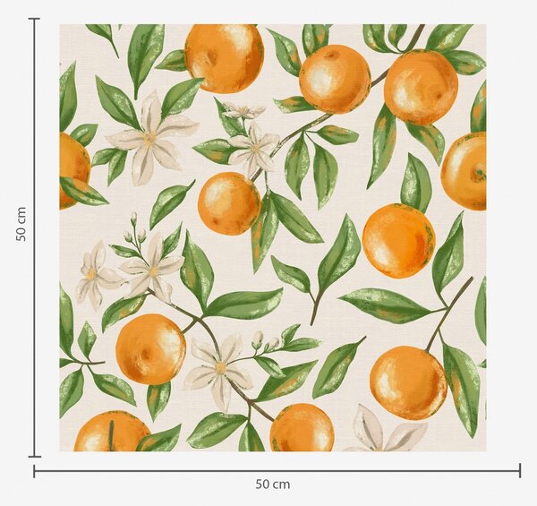 Carta da parati Arance, foglie verdi e fiori bianchi su uno sfondo chiaro, Parati classici Cibo e bevande, a01262v1 : Uwalls.it
