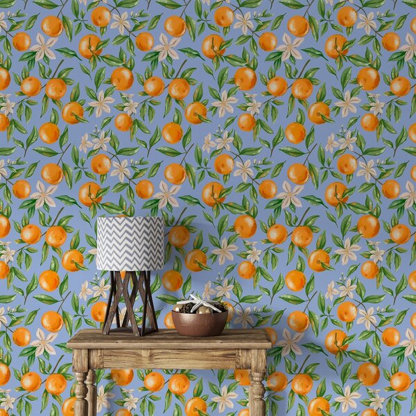 Carta da parati Arance, foglie verdi e fiori bianchi su sfondo blu, Parati classici Cibo e bevande, a01262v2 : Uwalls.it
