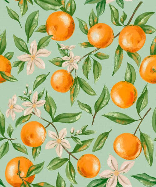 Carta da parati Arance, foglie verdi e fiori bianchi su sfondo color menta, Parati classici Cibo e bevande, a01262 : Uwalls.it