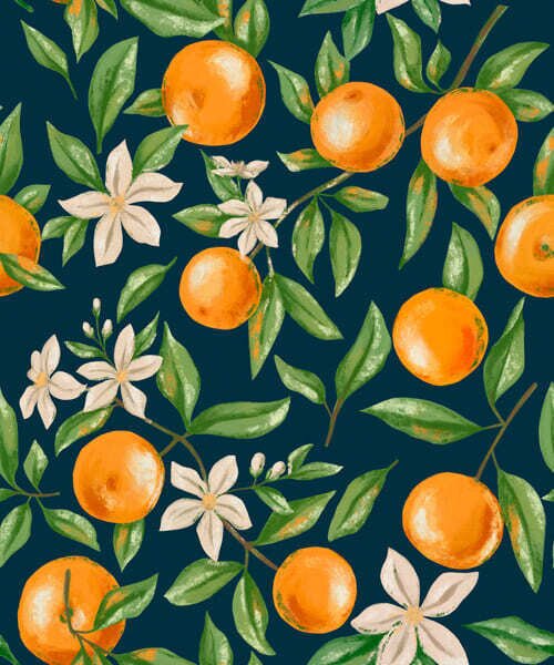 Carta da parati Arance, foglie verdi e fiori bianchi su sfondo scuro, Parati classici Cibo e bevande, a01262v3 : Uwalls.it