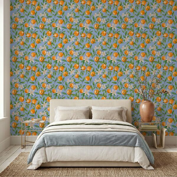 Carta da parati Arance, foglie verdi e fiori bianchi su sfondo blu, Parati classici Cibo e bevande, a01262v2 : Uwalls.it