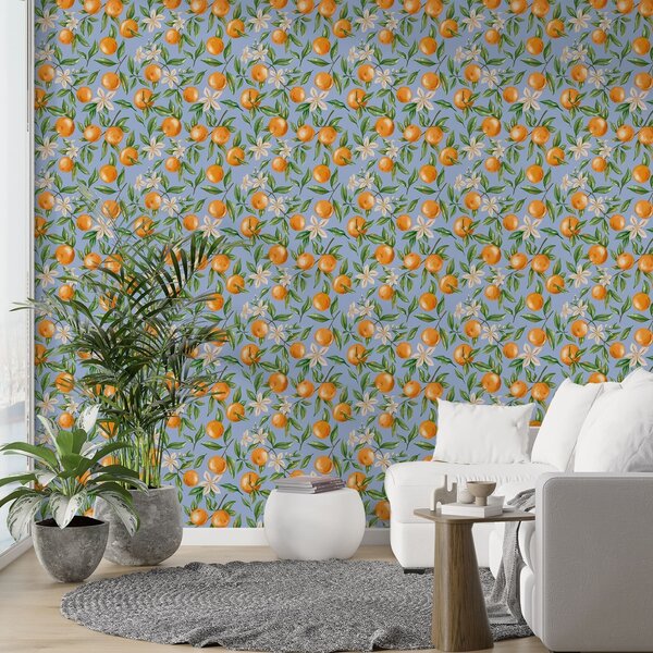 Carta da parati Arance, foglie verdi e fiori bianchi su sfondo blu, Parati classici Cibo e bevande, a01262v2 : Uwalls.it