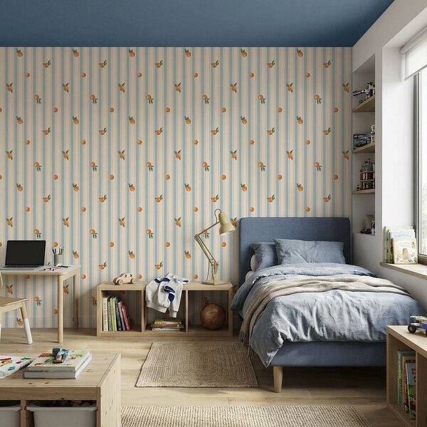 Carta da parati Frutti d'arancio su strisce di colore azzurro, Parati geometrica classici, Parati geometrica a righe classici, a01263v1 : Uwalls.it