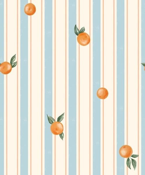 Carta da parati Frutti d'arancio su strisce di colore azzurro, Parati geometrica classici, Parati geometrica a righe classici, a01263v1 : Uwalls.it