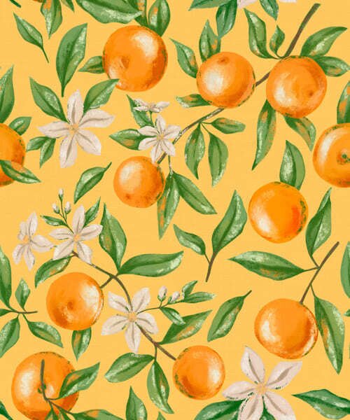 Carta da parati Arance, foglie verdi e fiori bianchi su sfondo giallo, Parati classici Cibo e bevande, a01262v4 : Uwalls.it