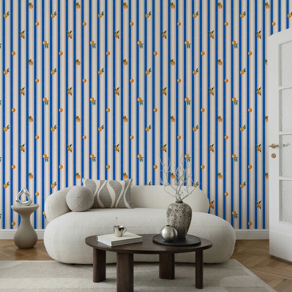 Carta da parati Frutta arancione su strisce blu e crema, Parati geometrica classici, Parati geometrica a righe classici, a01263 : Uwalls.it